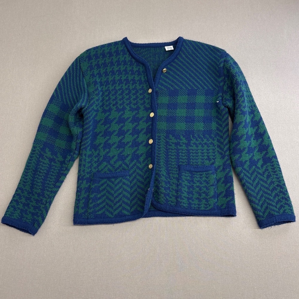 Vintage Blue Green Patchwork Houndstooth Cardigan Gold Button Sweater RN 25917